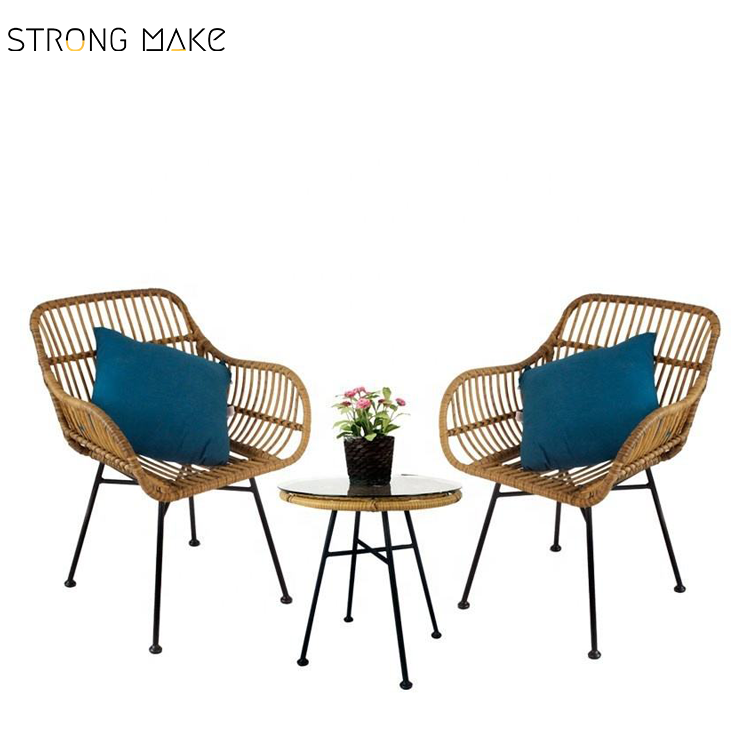 French Bistro Boho Natural Rattan Bench Seat Wicker Backrest Cane Patio Lounge Table And Chair Set Outdoor Garden Rattan Chair