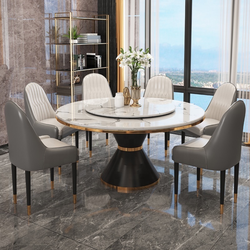 Modern White 6 Chair Dining Room Furniture Turntable Round Marble Dining Table With Rotating Centre