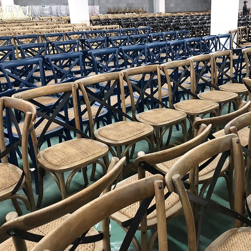 Foshan Factory Wholesale Crossback High Quality Stackable Wooden Oak X Cross Back Cushion Rattan Seat Dining Chair For Wedding