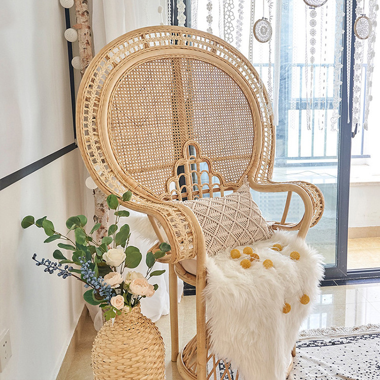 Boho Outdoor Furniture Leisure Handmade Natural Rattan Cane Wicker Art Garden Arm Wooden Lounge Peacock Chair For Garden