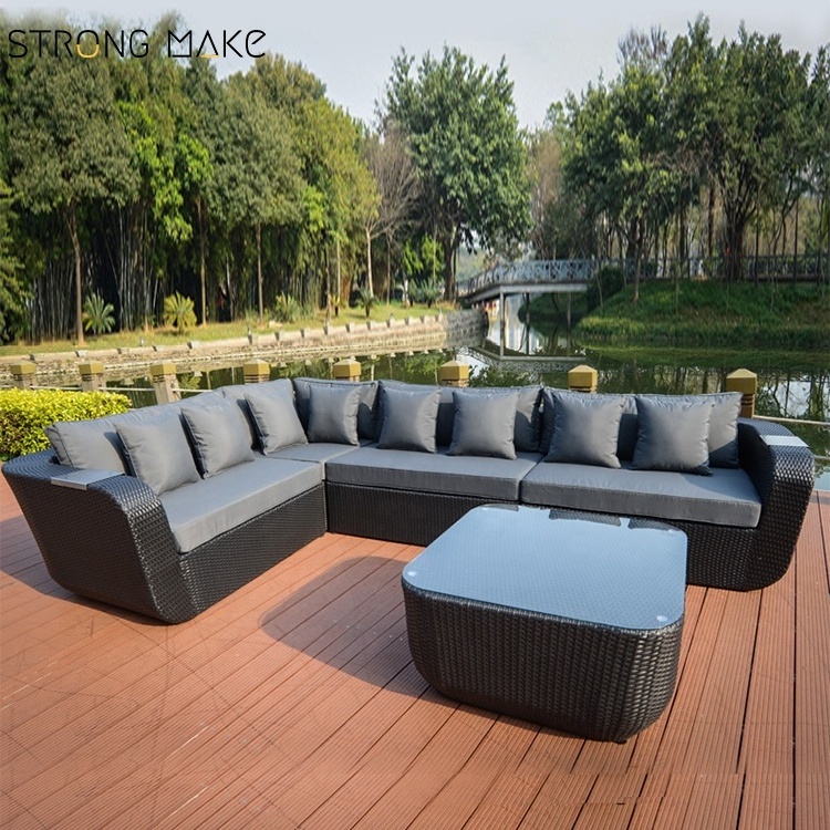 Guangzhou Modern Outdoor Furniture l Shaped Pool Side Patio Rope Rattan Teak Loveseat Wicker Garden Corner Sofa Set