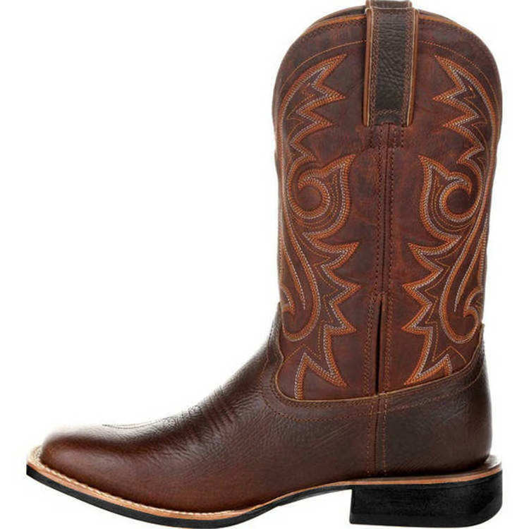 New Genuine Leather Western Cowboy Boots Mid Heel Pointed Toe Short Boots Slip On Brown Color Cowboy Boots