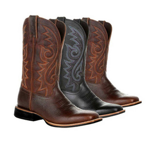 New Genuine Leather Western Cowboy Boots Mid Heel Pointed Toe Short Boots Slip On Brown Color Cowboy Boots