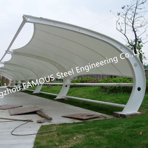 Outdoor Steel Membrane Structure Parking Shelter Modern Free Standing Cantilever Awning Single Slope Roof Design