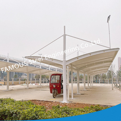 Outdoor Steel Membrane Structure Parking Shelter Modern Free Standing Cantilever Awning Single Slope Roof Design