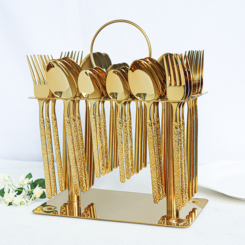 Factory Price middle east flatware gold plated Fork Spoon Set Stainless Steel 32pcs/38pcs cutlery set with wire rack in box