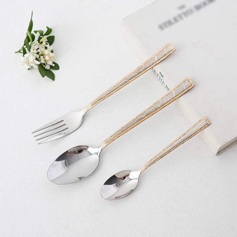 factory 32pcs/36pcs gold plated laser pattern spoon fork SS 18/10 middle east gold flatware set with stand in  color box