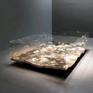 Nordic Style Artistic Modern Luxury FRP Base Water Ripple Wave shape Irregular Shaped Glass Mirrored Coffee Table Tea Table