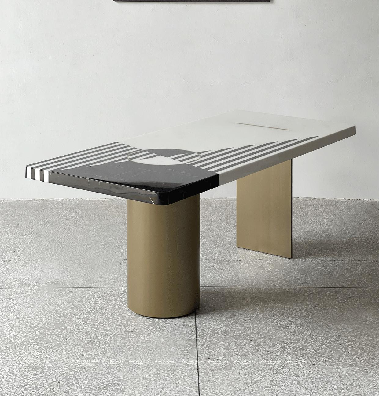 ELLIPSE table Modern luxury dining room black and white  joint  marble table top and bronzed stainless steel base dining table