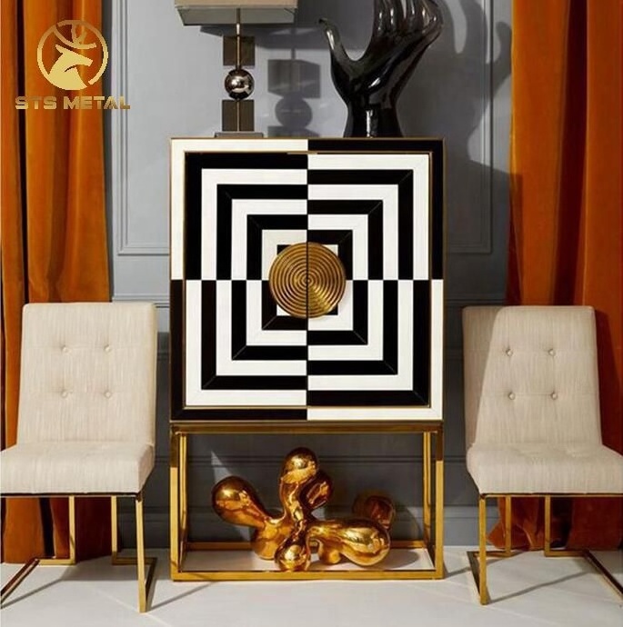 Jonathan adler  black and white painted glass door  with gold stainless steel base wine cabinet Buffet cabinet Furniture