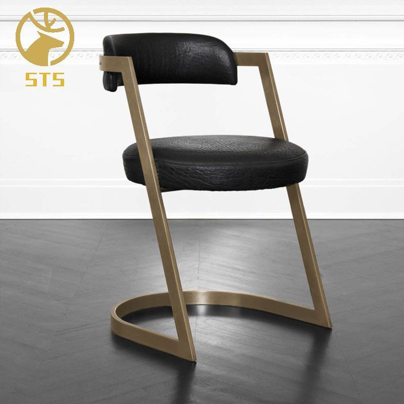 luxury antique brass finish stainless steel frame studio dining chair with genuine leather seat accent chair occasional chair