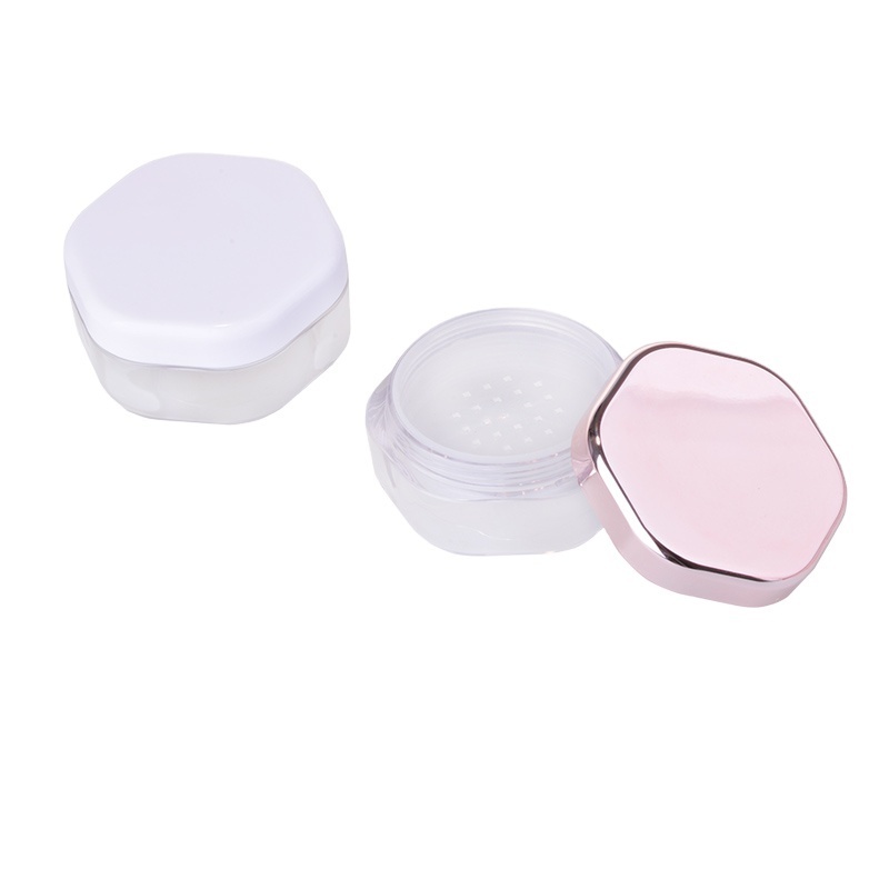 Empty hexagon plastic loose powder container tube with sifter cosmetic packaging jar