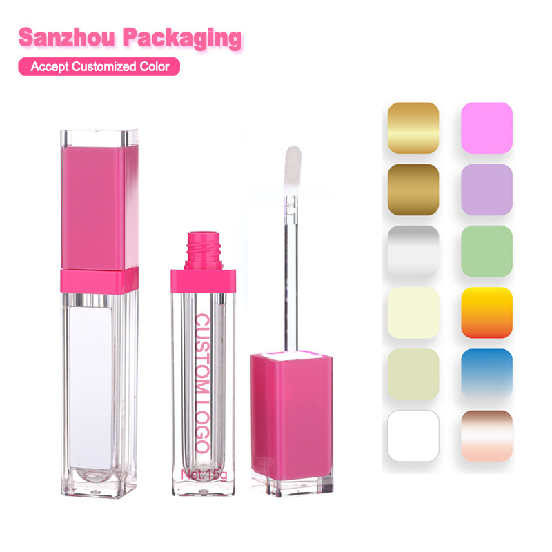 7ml luxury square pink lip gloss tube container with led light and mirror for cosmetic packaging