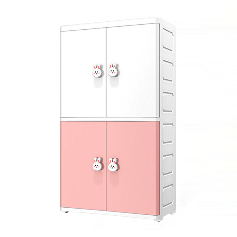 2 Layer 60cm cartoon portable cupboard organizer storage two door open cabinet clothes organizer closet wheels storage wardrobe