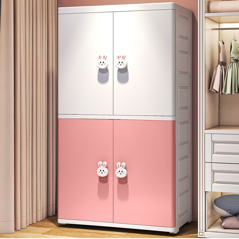 2 Layer 60cm cartoon portable cupboard organizer storage two door open cabinet clothes organizer closet wheels storage wardrobe