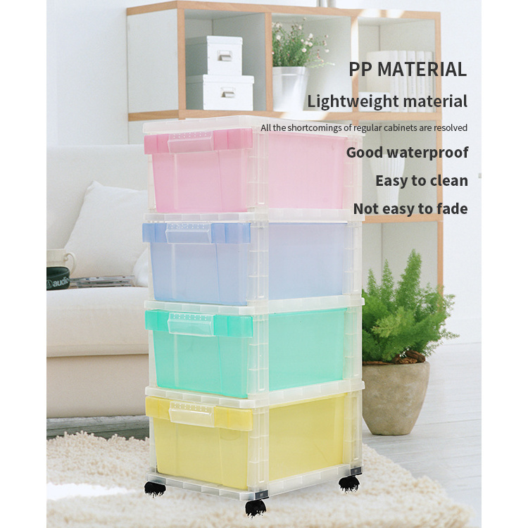 Factory OEM ODM home fashion baby kid wardrobe organizer 4-layer clothes plastic storage drawers cabinet rack with wheels