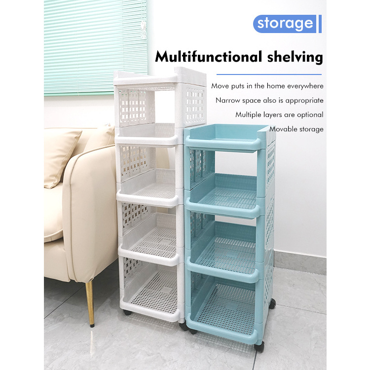 Kitchen multifunctional storage rack 4-layers plastic shelf with wheels