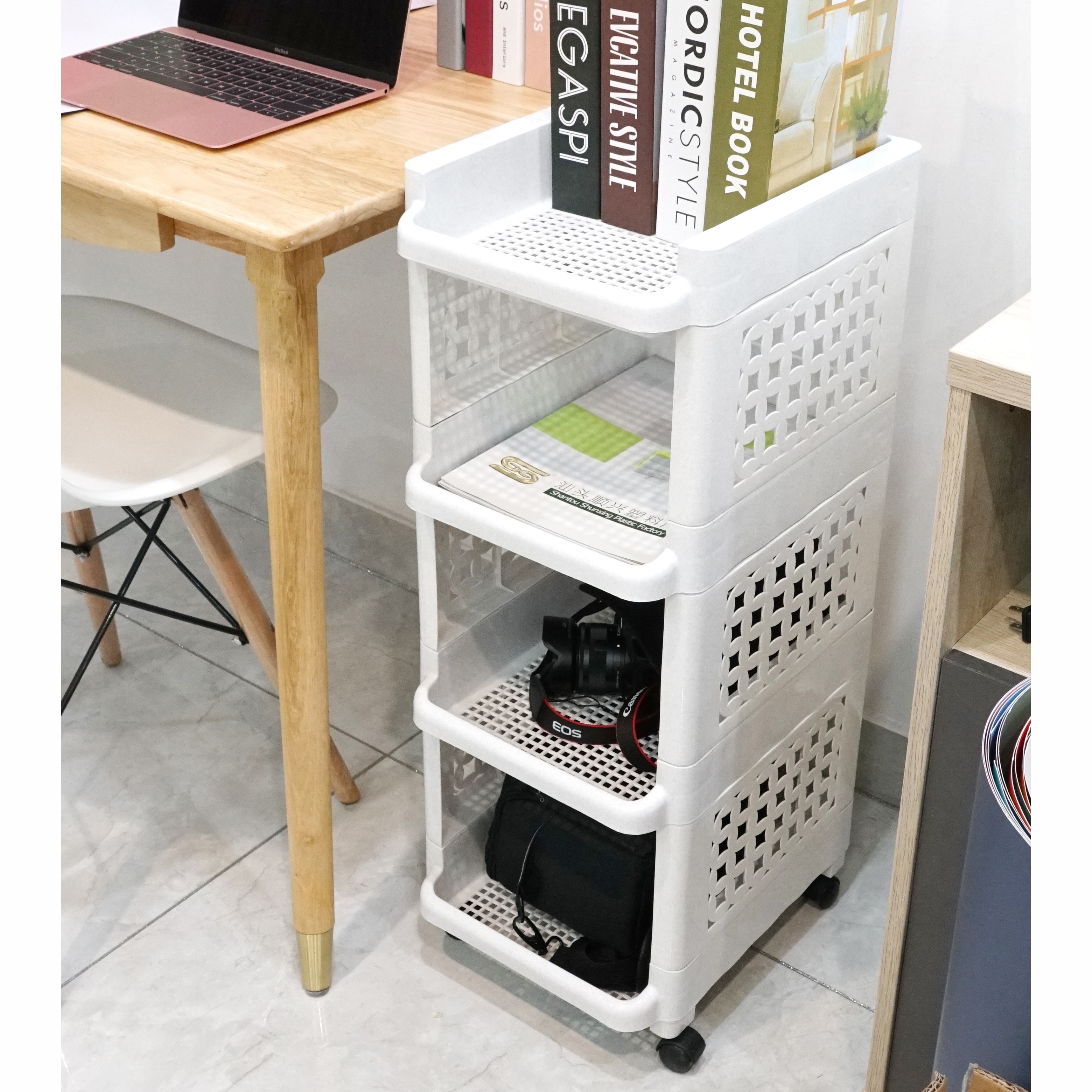 Kitchen multifunctional storage rack 4-layers plastic shelf with wheels