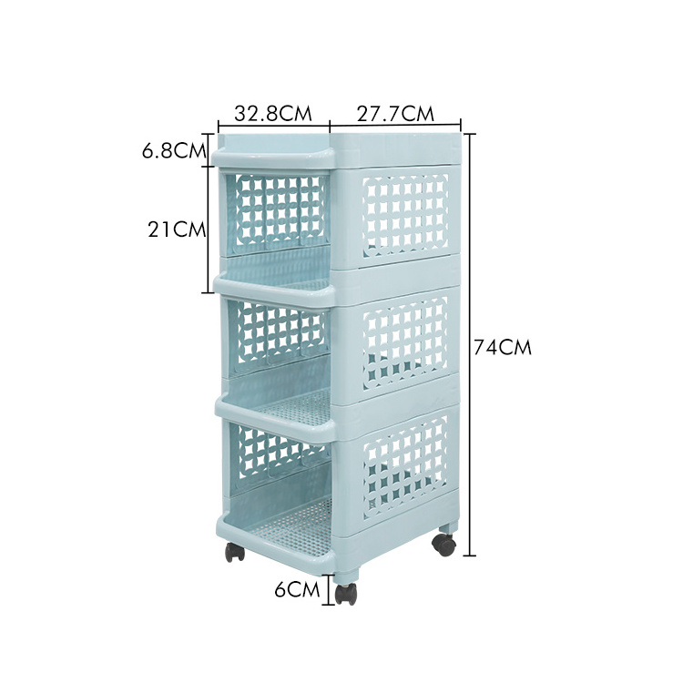 Kitchen multifunctional storage rack 4-layers plastic shelf with wheels