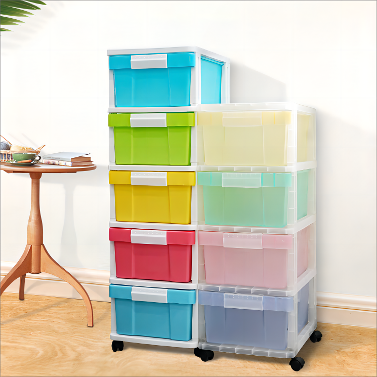 Factory OEM ODM home fashion baby kid wardrobe organizer 4-layer clothes plastic storage drawers cabinet rack with wheels