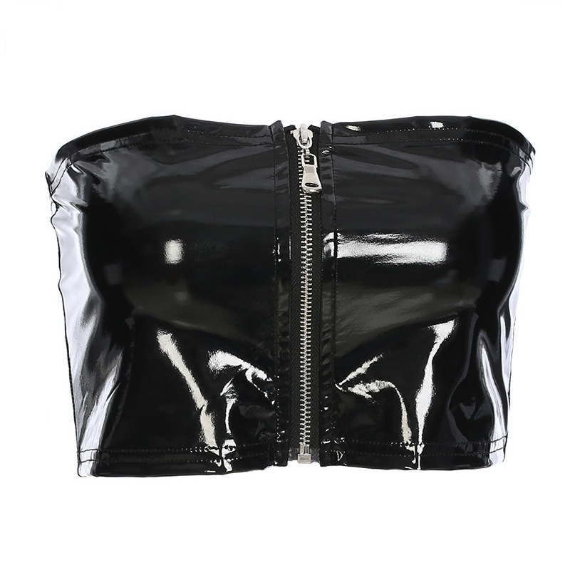 American fashion sexy patent leather poly urethane leather zipper tube top exposed navel nightclub bar sexy tube top short vest