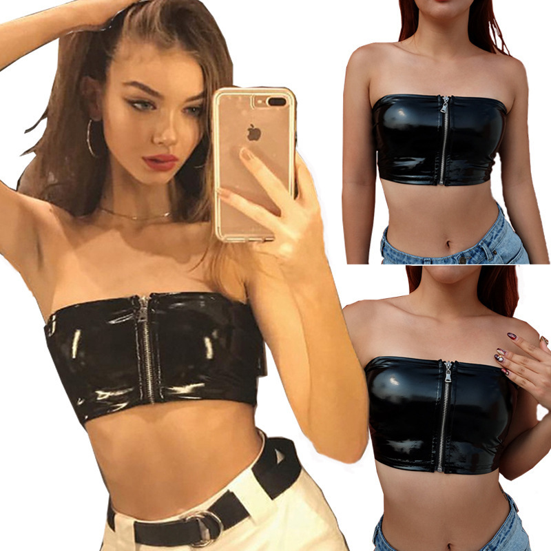 American fashion sexy patent leather poly urethane leather zipper tube top exposed navel nightclub bar sexy tube top short vest