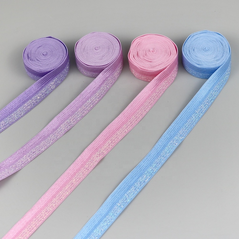 Factory wholesale glitter nylon fold over elastic band lace trims webbing for DIY headwear hair bandswe