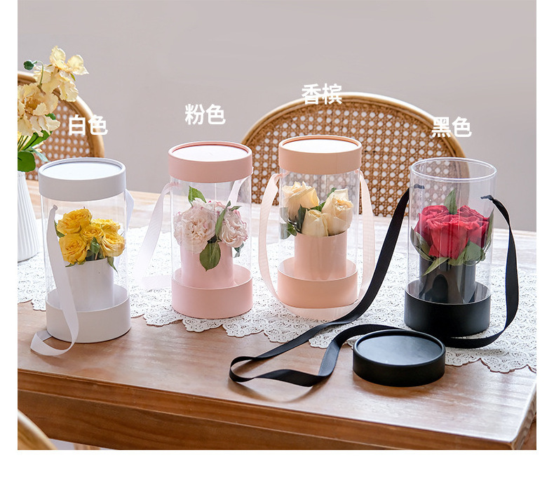 Wholesale Mothers Day Valentines Day Gift Packaging Cardboard PVC Round Cylinder Tote Florist Flower Box With Ribbon Handle