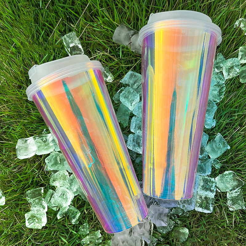 New design laser rainbow film pp plastic cups 350ml 500ml 700ml holographicdisposable juice boba cup