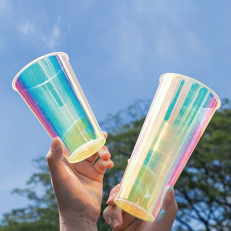 New design laser rainbow film pp plastic cups 350ml 500ml 700ml holographicdisposable juice boba cup