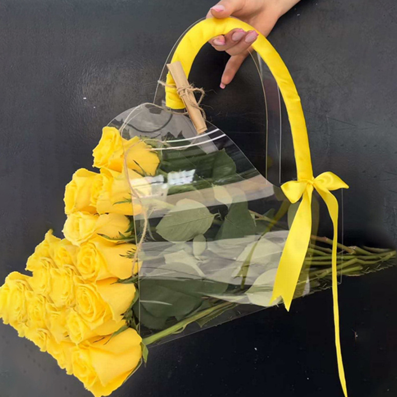 Customized clear plastic flower bag with handles transparent handbags florist decoration flower bouquet wrapping PVC bags