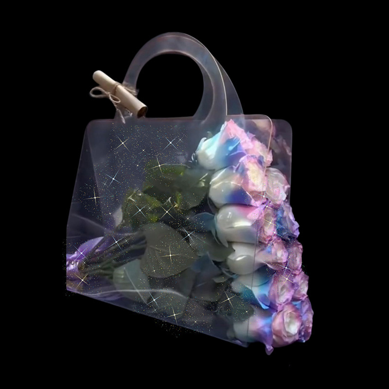 Customized clear plastic flower bag with handles transparent handbags florist decoration flower bouquet wrapping PVC bags