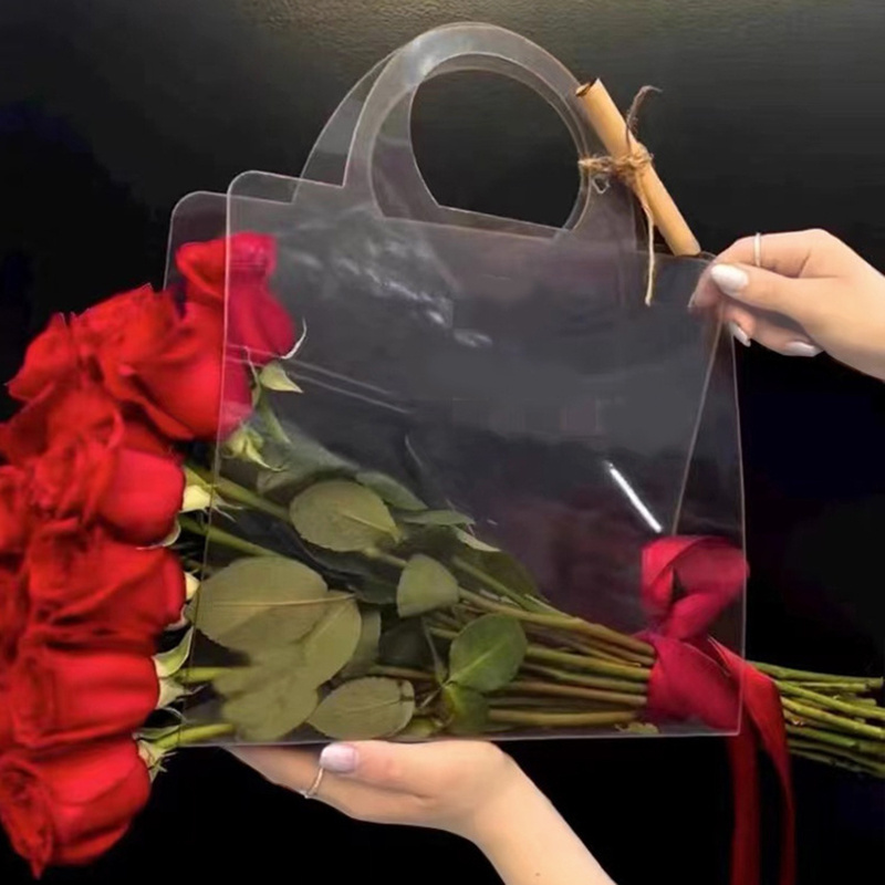 Customized clear plastic flower bag with handles transparent handbags florist decoration flower bouquet wrapping PVC bags