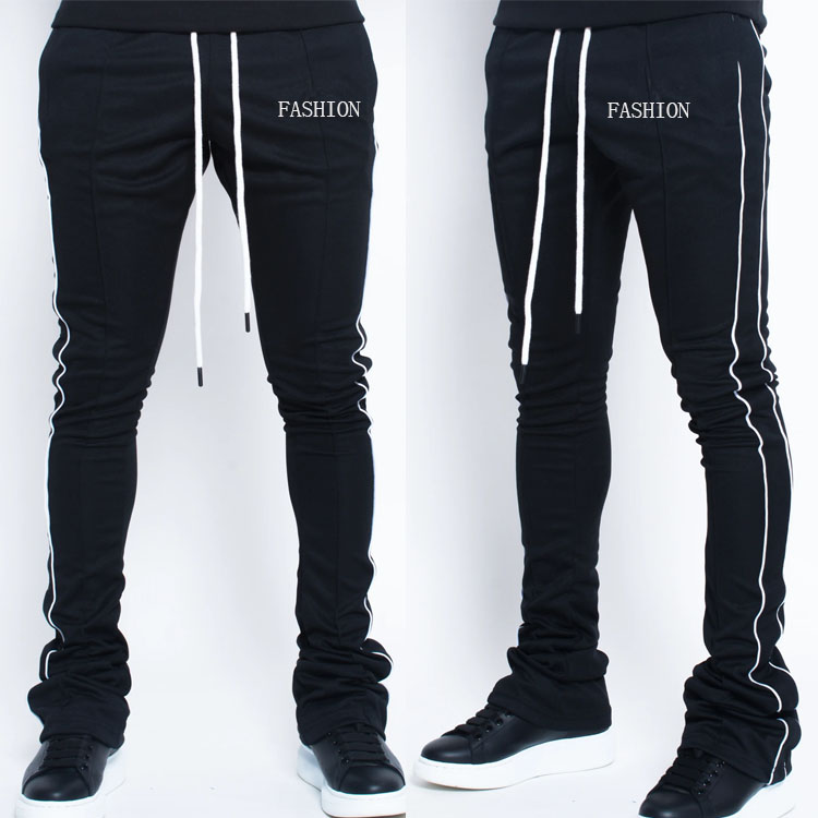 2022 Mens Skinny Trousers Polyester Line Stripe Track Pants Fit Stacked Sweatpants Men 3M Reflective joggers With Drawstring