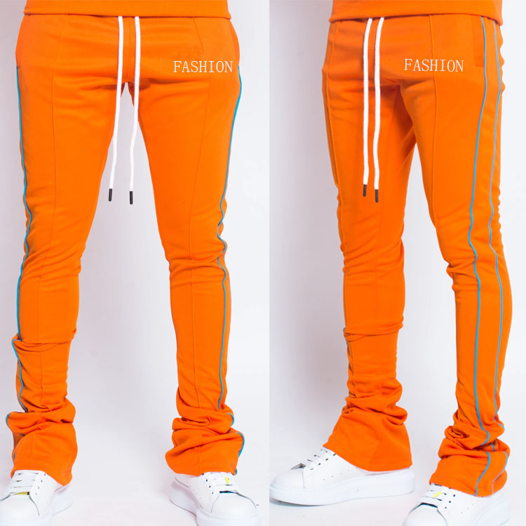 2022 Mens Skinny Trousers Polyester Line Stripe Track Pants Fit Stacked Sweatpants Men 3M Reflective joggers With Drawstring