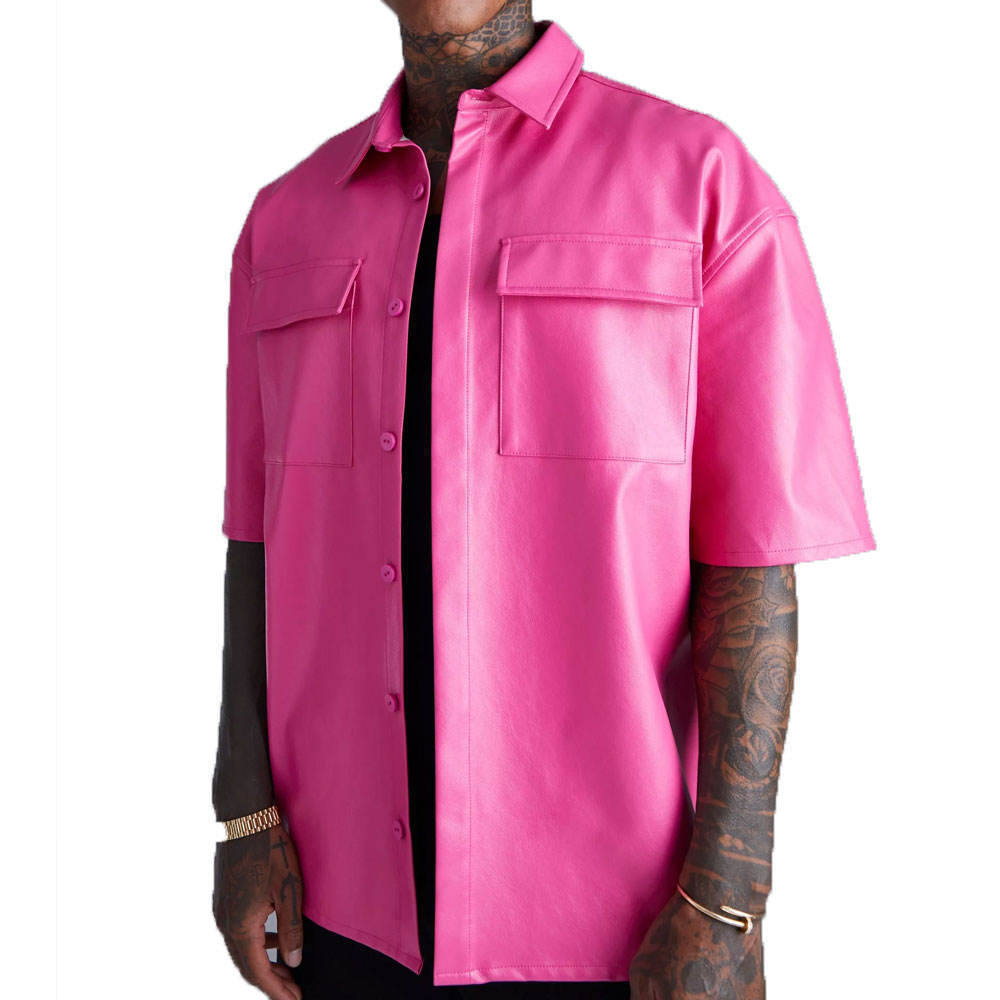 OEM Wholesale custom logo high quality faux leather button up summer plus size regular fit men casual shirt