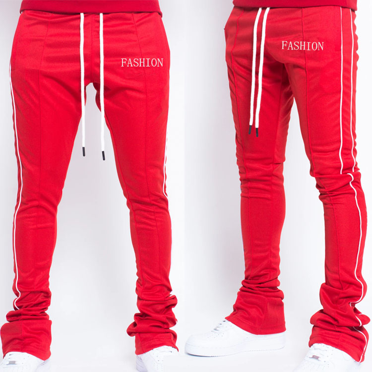 2022 Mens Skinny Trousers Polyester Line Stripe Track Pants Fit Stacked Sweatpants Men 3M Reflective joggers With Drawstring