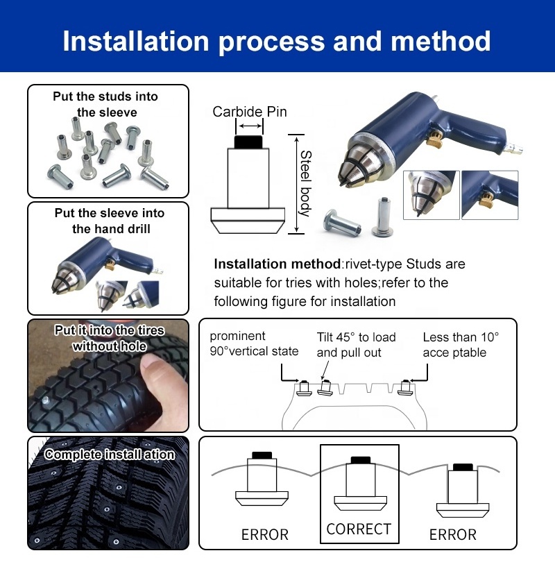 Tungsten carbide stud insertion tool install gun for solid rear tire studs