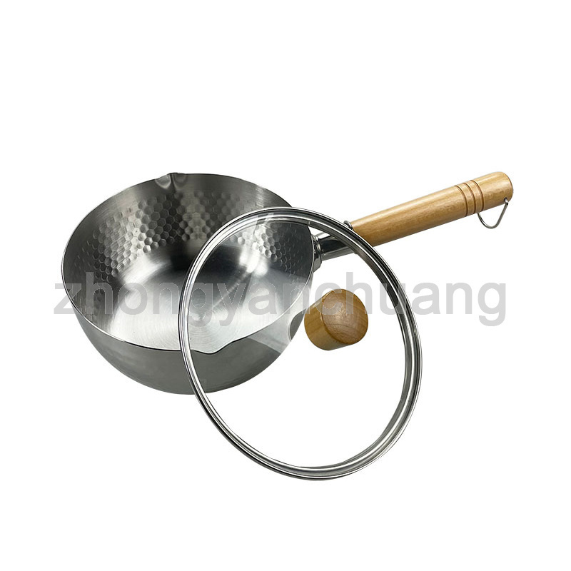 Fashion Trend Stainless Steel Snow Pan Saucepan Japanese Style Milk Soup Stock Pot with Wooden Handle and Glass Lid