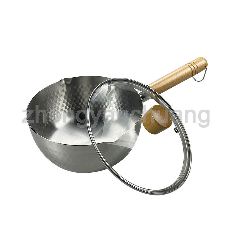 Fashion Trend Stainless Steel Snow Pan Saucepan Japanese Style Milk Soup Stock Pot with Wooden Handle and Glass Lid