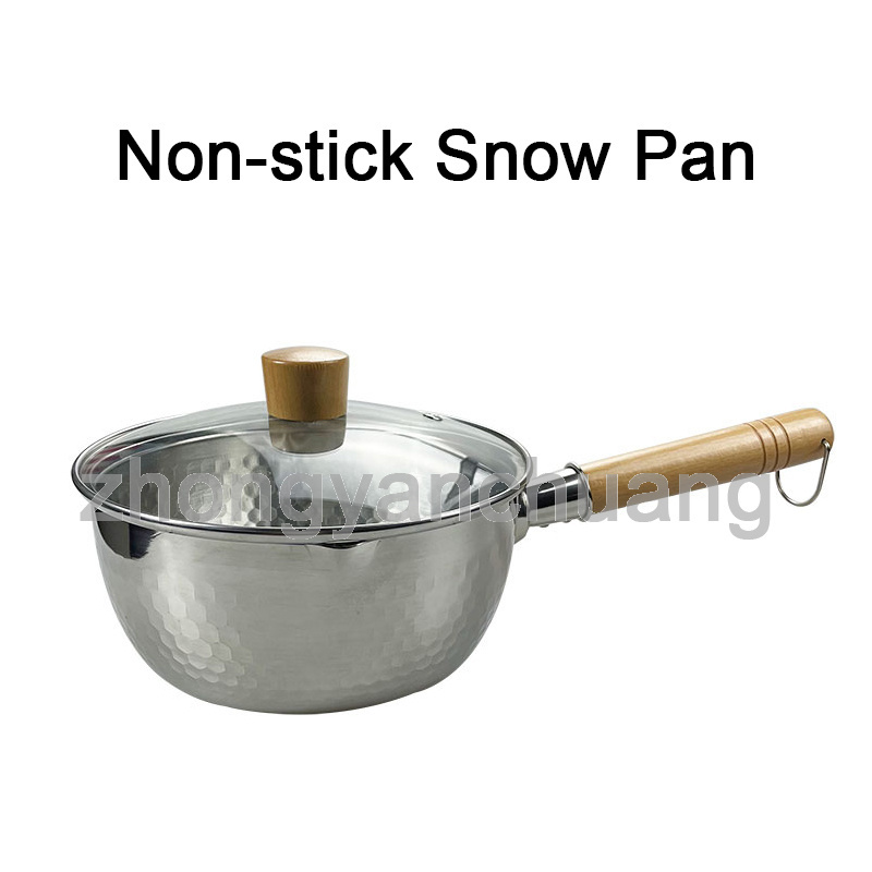 Fashion Trend Stainless Steel Snow Pan Saucepan Japanese Style Milk Soup Stock Pot with Wooden Handle and Glass Lid