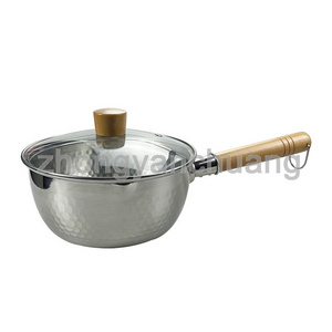 Fashion Trend Stainless Steel Snow Pan Saucepan Japanese Style Milk Soup Stock Pot with Wooden Handle and Glass Lid