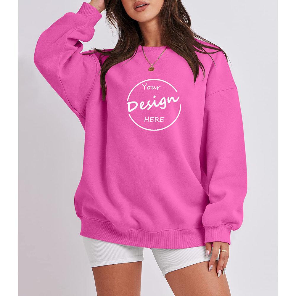 Custom Pink Woman Oversize Sweatshirts Puff Print Plain Crewneck Embossed Cotton Jumper Plus size Crew Neck Sweatshirts Womens