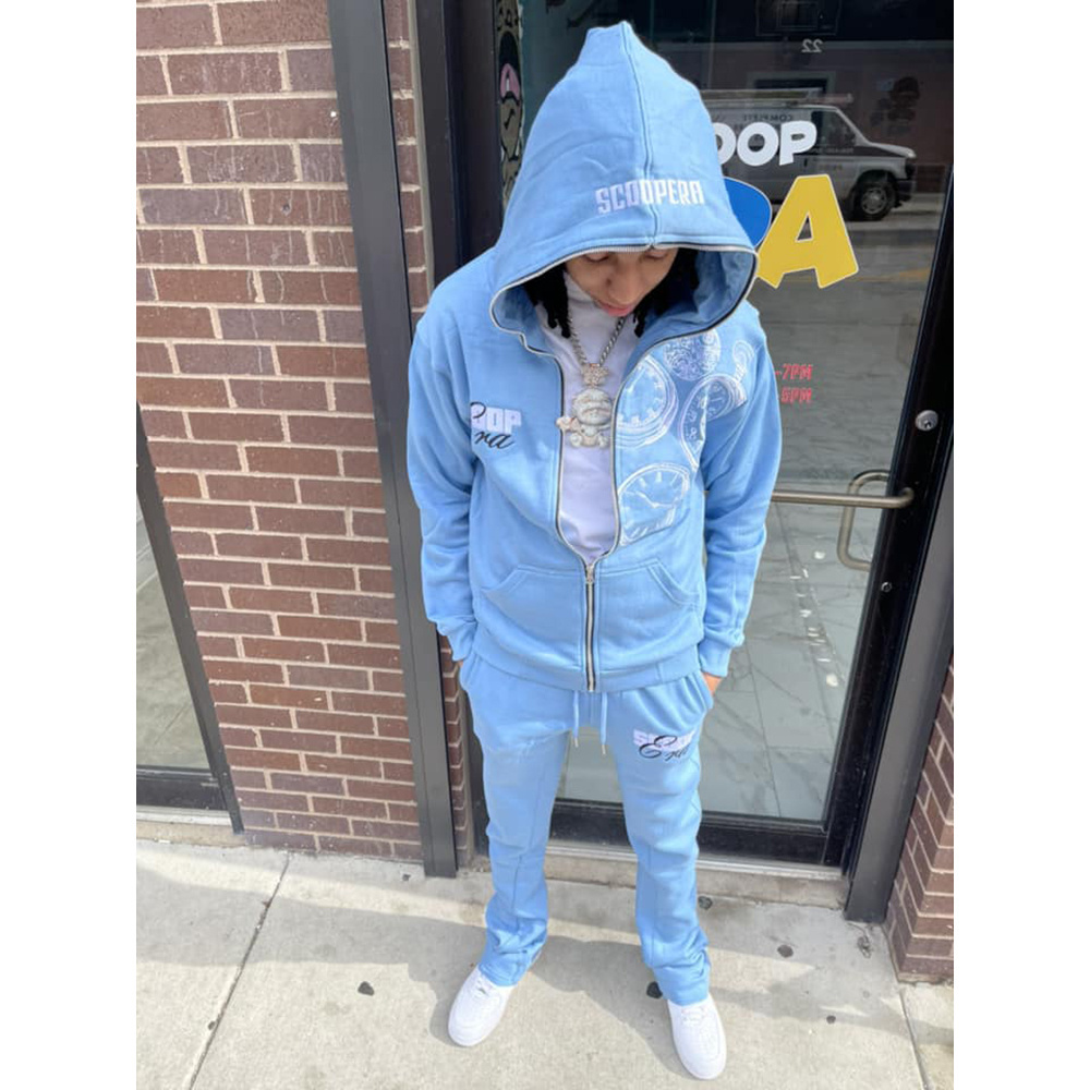 Full Zip Up Hoodies And Flared Stacked Sweatpants Two Piece Tracksuit Set Customize Cotton Puff Print Women Unisex Sweatsuit Men