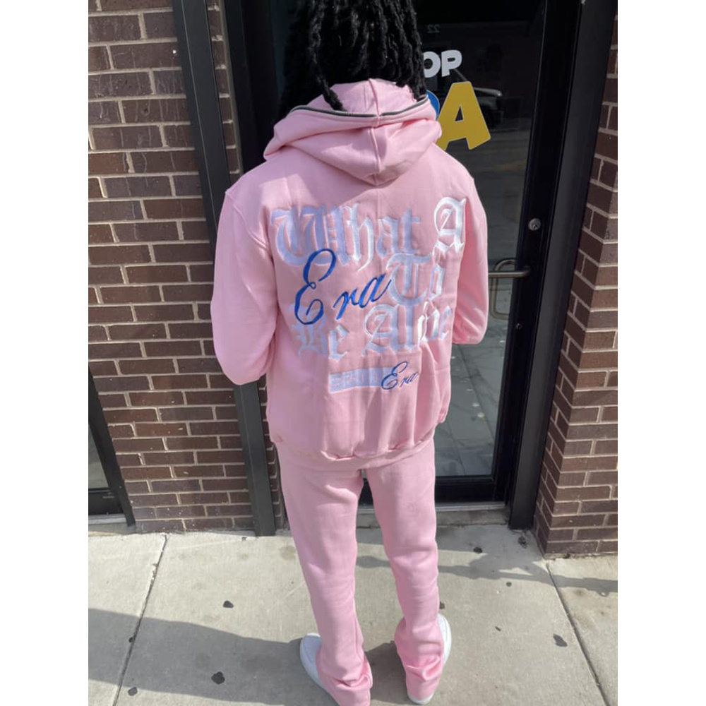 Full Zip Up Hoodies And Flared Stacked Sweatpants Two Piece Tracksuit Set Customize Cotton Puff Print Women Unisex Sweatsuit Men