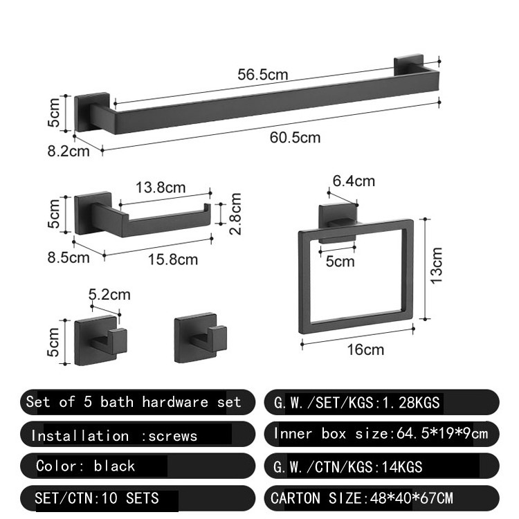 Bathroom accessories hardware set black 5 pcs wall mounted stainless steel shower toilet towel racks set