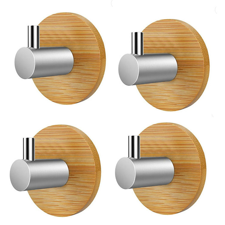 Bamboo wooden wall hook Strong Bearing Capacity sticky wall hooks Stainless Steel Adhesive wall key hook