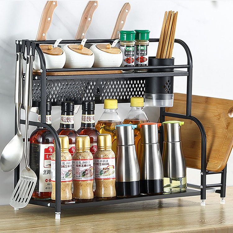 Kitchen shelf rack organizer stainless steel multi-function black independent 2-layer spice shelf stand salt and spice rack