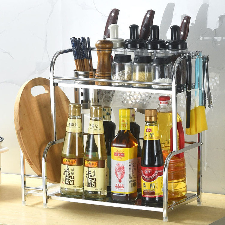 Kitchen shelf rack organizer stainless steel multi-function black independent 2-layer spice shelf stand salt and spice rack