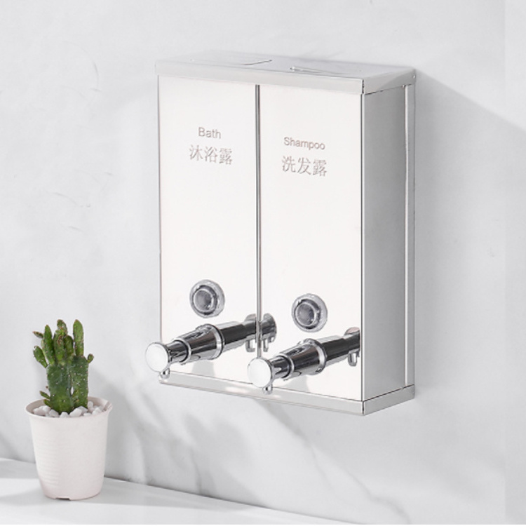 Hotel wall mount press stainless steel double hotel soap and shampoo dispenser